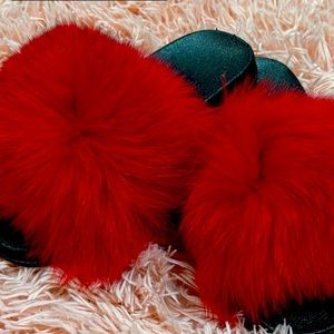Size 7 Red and Black Fur Slides